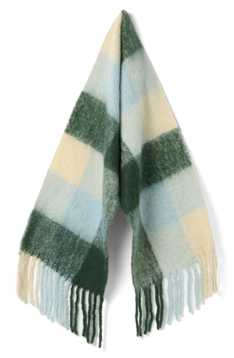 Vismaya Buffalo Check Wool Blend Fringe Scarf, Alternate, color, Beige Olive