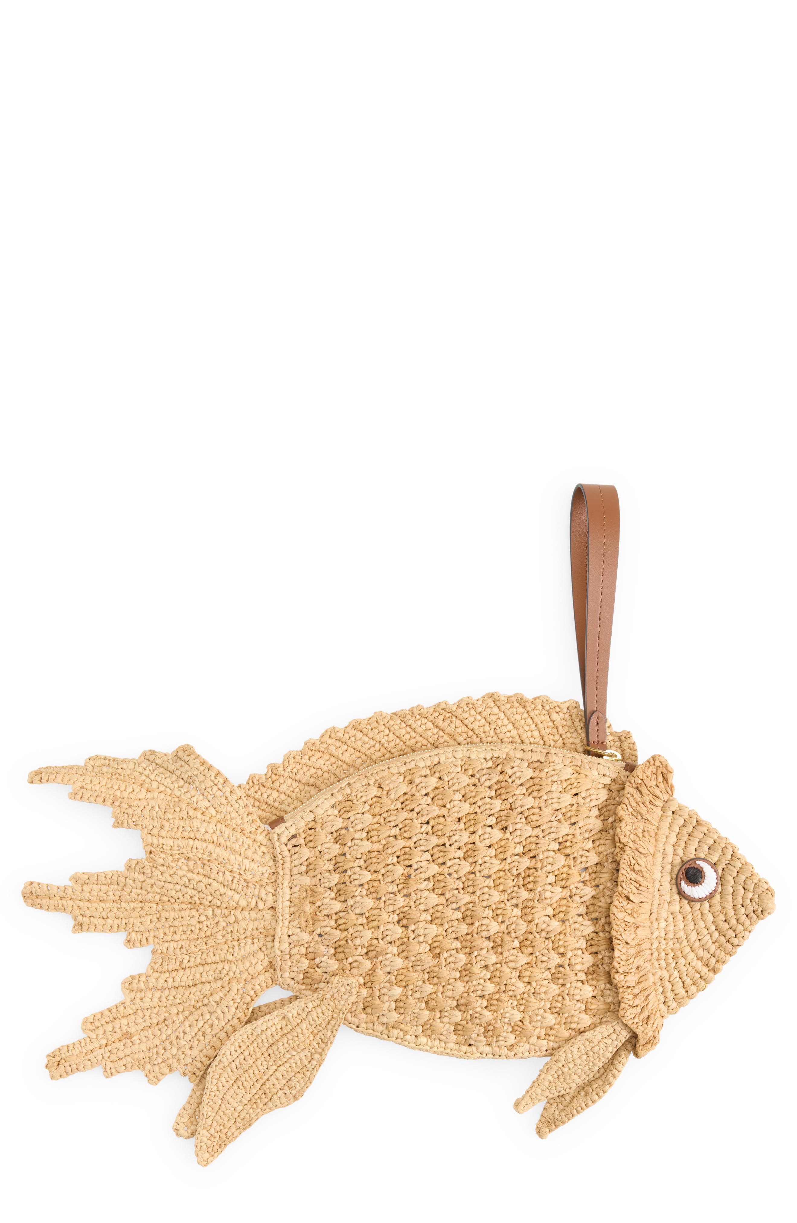 Crochet Raffia Fish Clutch, Main, color, NATURAL