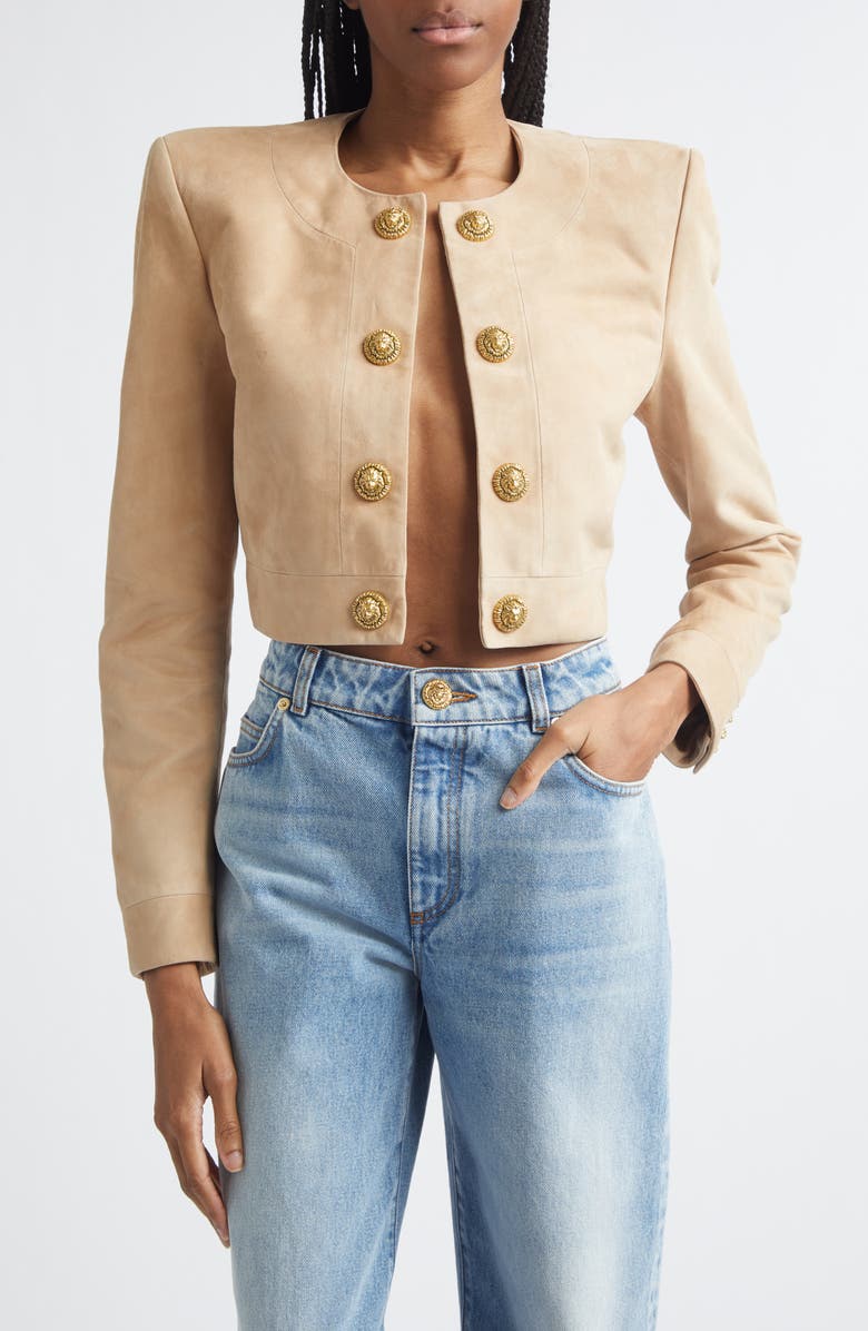 Balmain Crop Suede Spencer Jacket, Main, color, 8Fi Sand