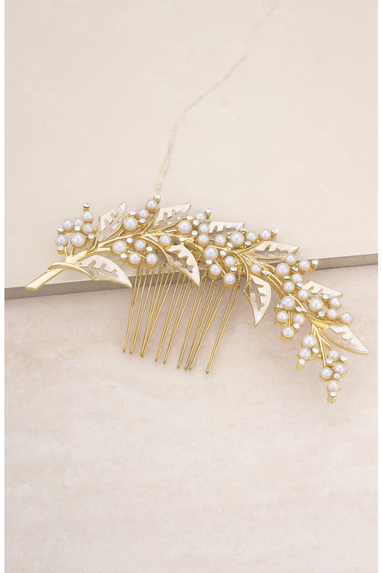 Ethereal Leaf Rhinestone & Imitation Pearl Hair Comb, Alternate, color, GOLD