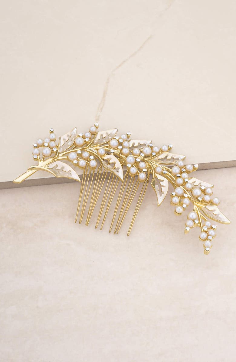 Ettika Ethereal Leaf Rhinestone & Imitation Pearl Hair Comb, Alternate, color,