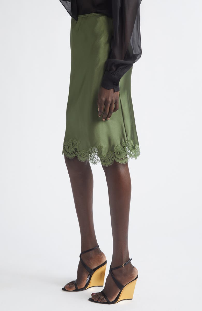 Saint Laurent Lace Trim Silk Satin Skirt, Alternate, color, Khaki