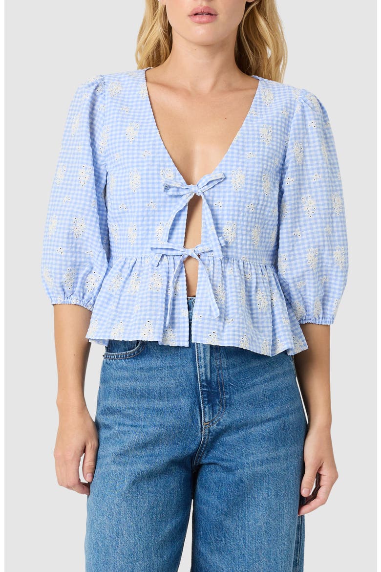Embroidered Gingham Peplum Cotton Blend Top, Main, color, BLUE GINGHAM
