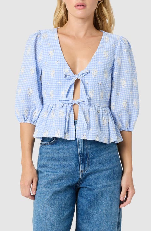 Embroidered Gingham Peplum Cotton Blend Top