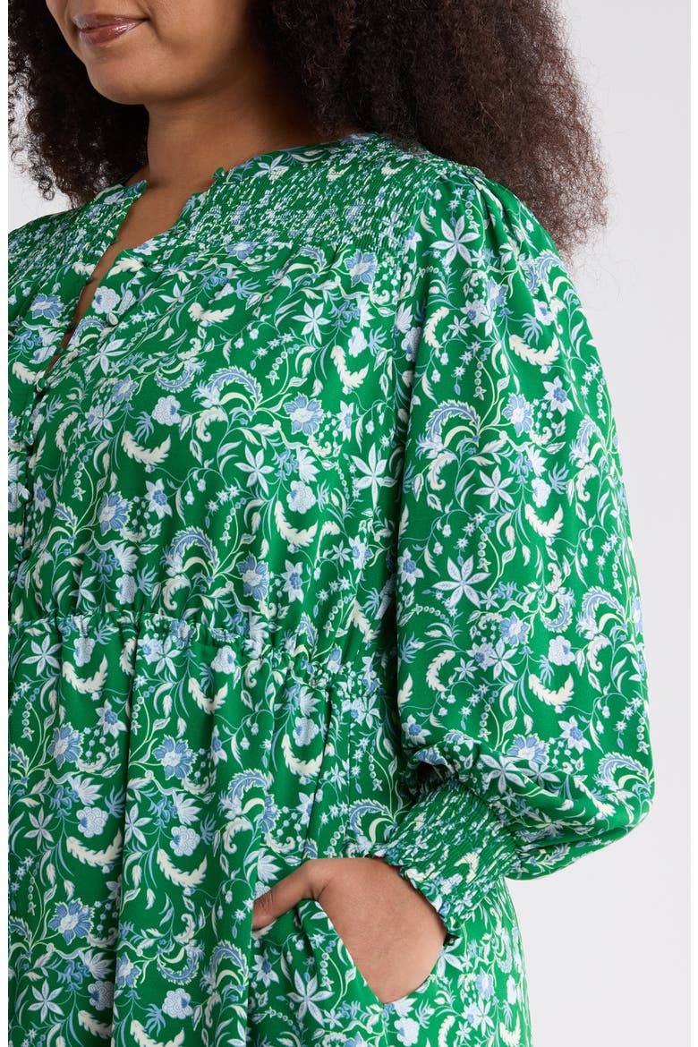 Cabana Floral Keila Long Sleeve Smocked Yoke Midi Dress, Alternate, color, GREEN-BLUE