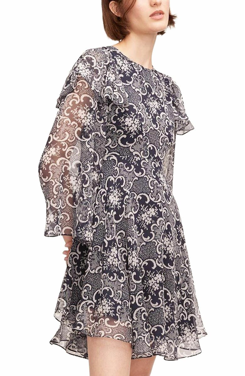 Rebecca Taylor Rochelle Fleur Ruffle Silk Dress, Main, color, Rochelle Fleur Navy Combo