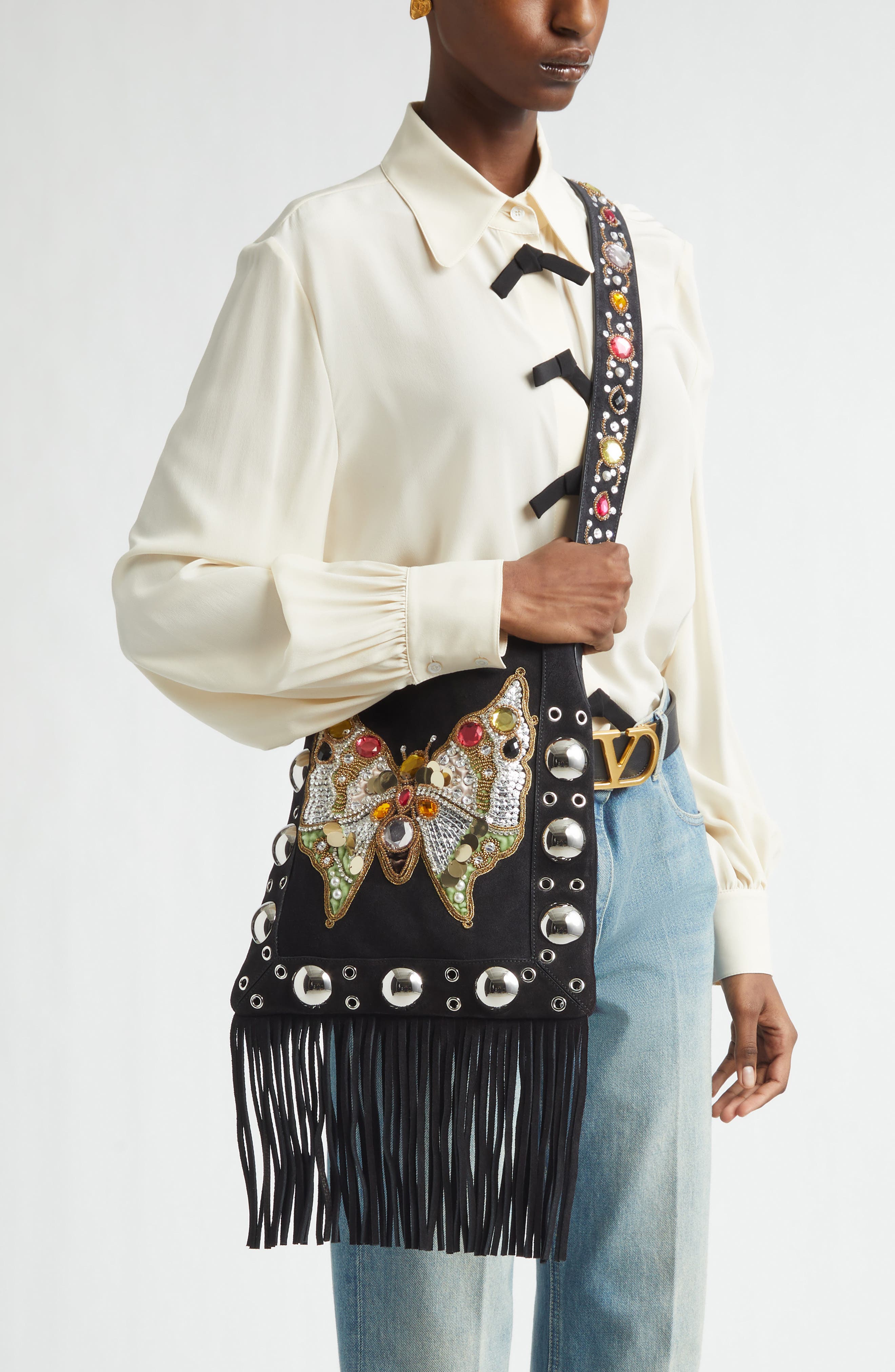 Valentino Garavani Medium Nellcôte Butterfly Suede Crossbody Bag, Alternate, color, Multi Black