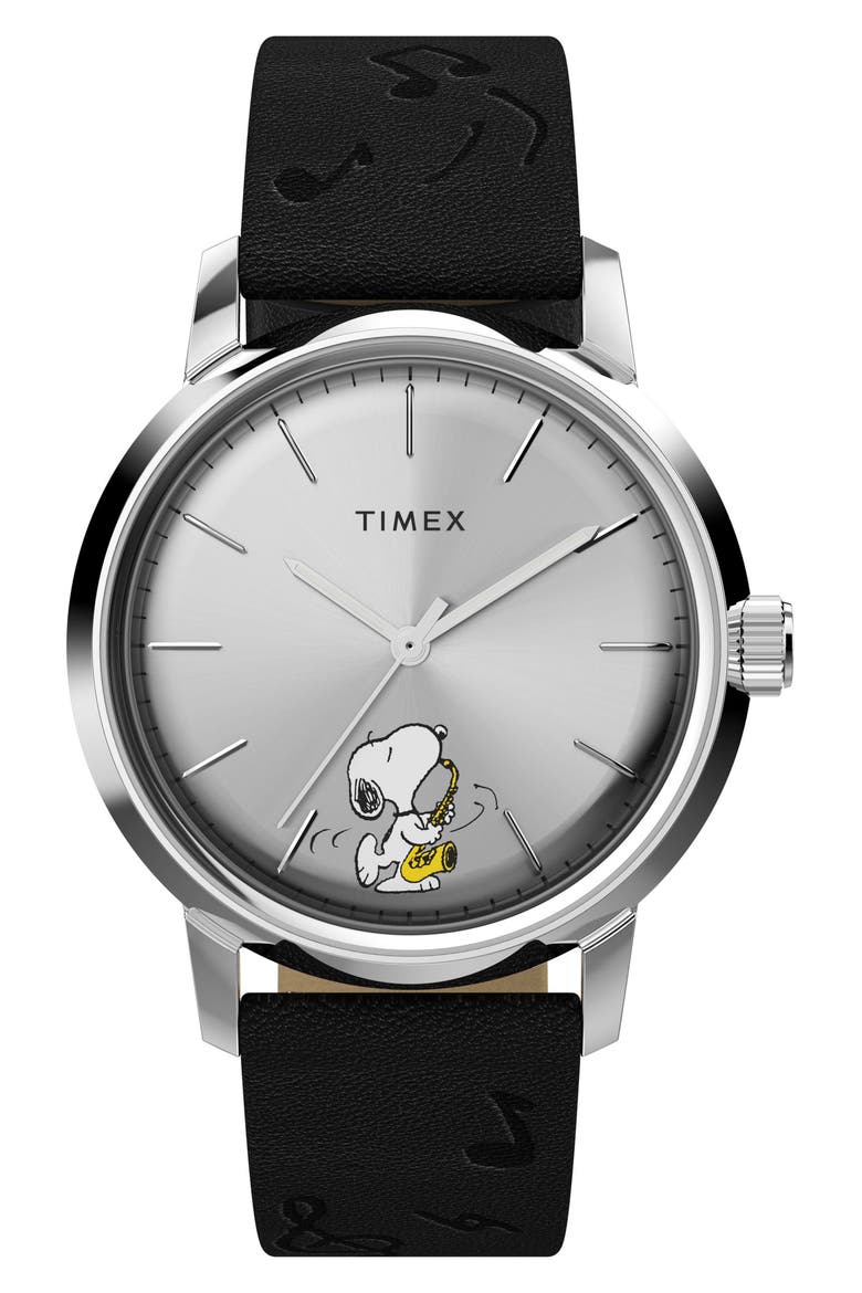 x Peanuts Marlin® Saxophonist Automatic Leather Strap Watch, 40mm, Main, color, SILVER