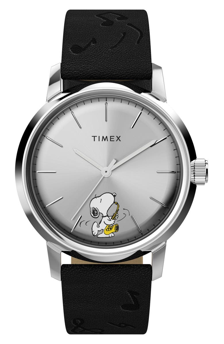 Timex<sup
®</sup
x Peanuts Marlin<sup
®</sup
Saxophonist Automatic Leather Strap Watch, 40mm, Main, color, Silver