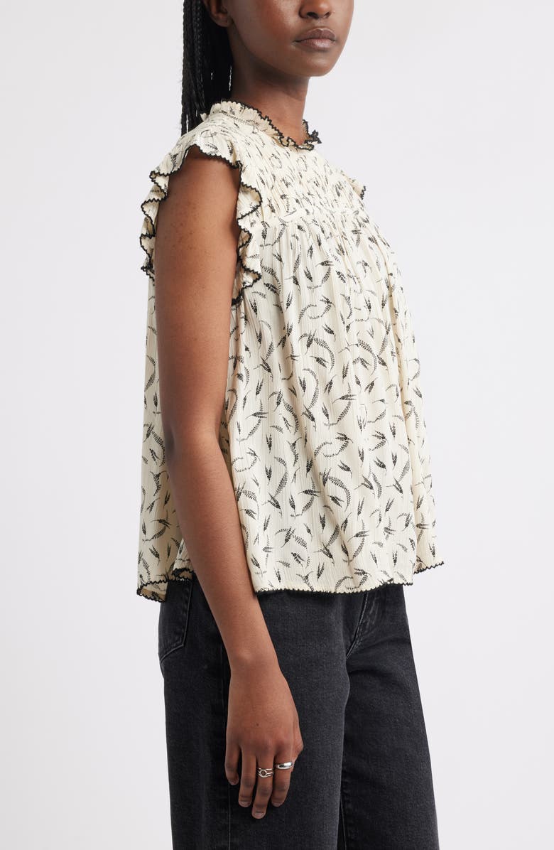 Treasure & Bond Shirred Ruffle Sleeve Top, Alternate, color, Ivory- Black Grassy Meadow