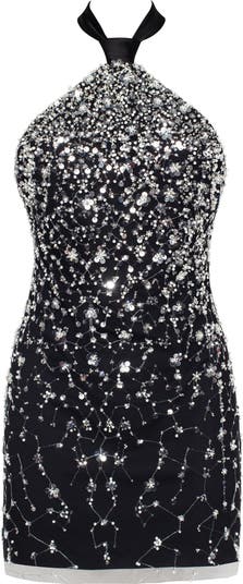Black Halter Neck Crystal Embellishments Mini Dress Black Halter Neck Crystal Embellishments Mini Dress