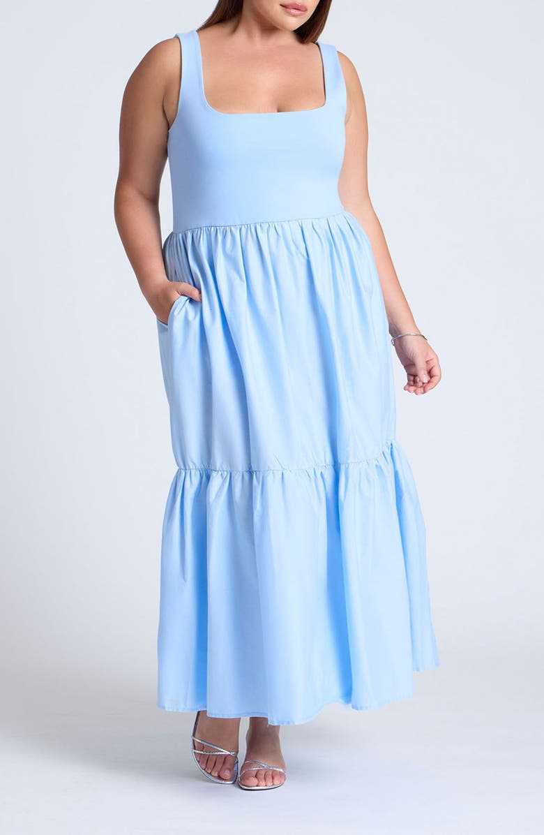 ELOQUII Mixed Media Sleeveless Stretch Cotton Maxi Dress, Main, color, 