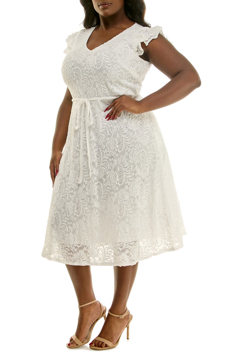 Nina Leonard Fit and Flare Lace Dress, Alternate, color, White