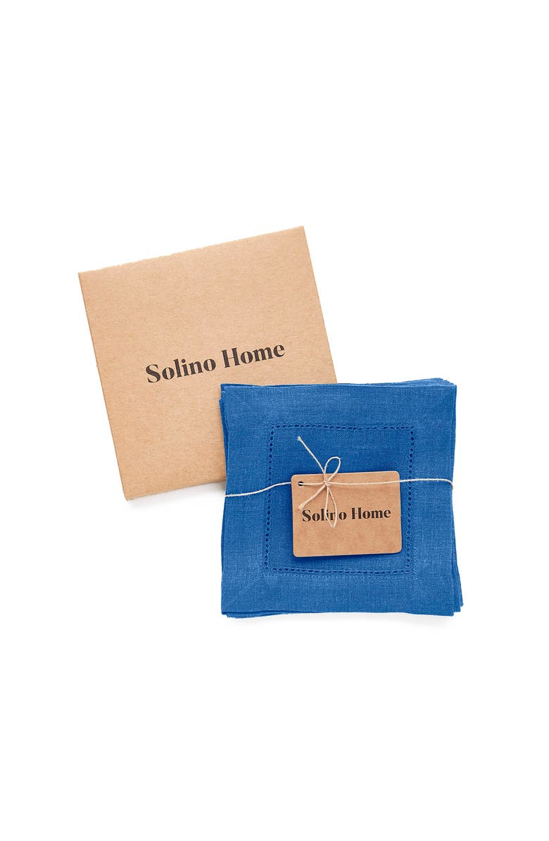 Solino Home Linen Cocktail Napkins Set of 12, 6 x 6 Inch for Dining Table, Holiday and Everyday Table Decor - Classic Hemstitch, Alternate, color, Indigo Blue