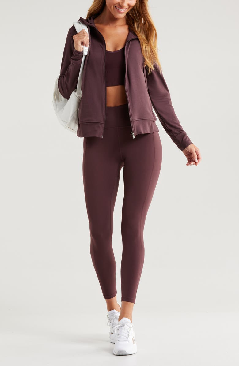 Zella Restore Soft Zip-Up Hoodie, Alternate, color, Burgundy Fudge