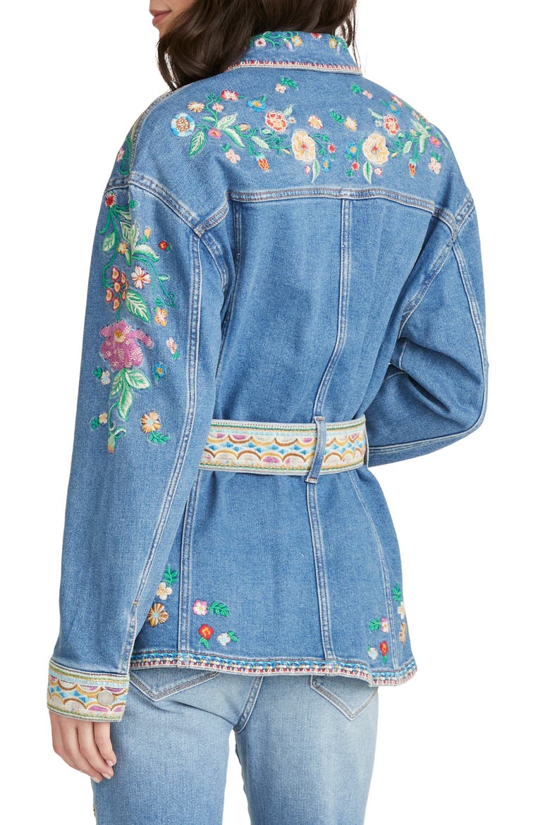 Gardenia Foulard Embroidered Belted Denim Jacket, Alternate, color, MEDIUM WASH