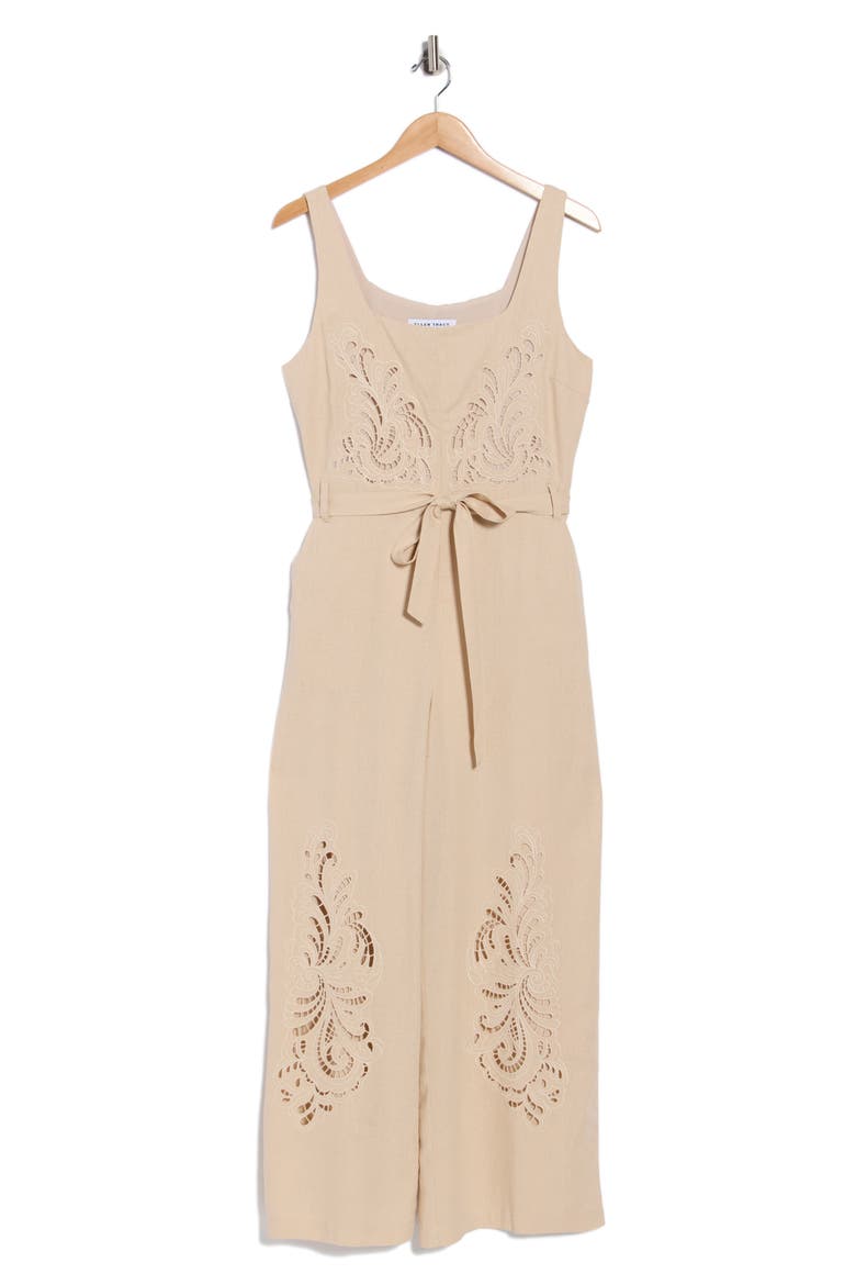 Embroidered Cutwork Sleeveless Jumpsuit, Alternate, color, LINEN