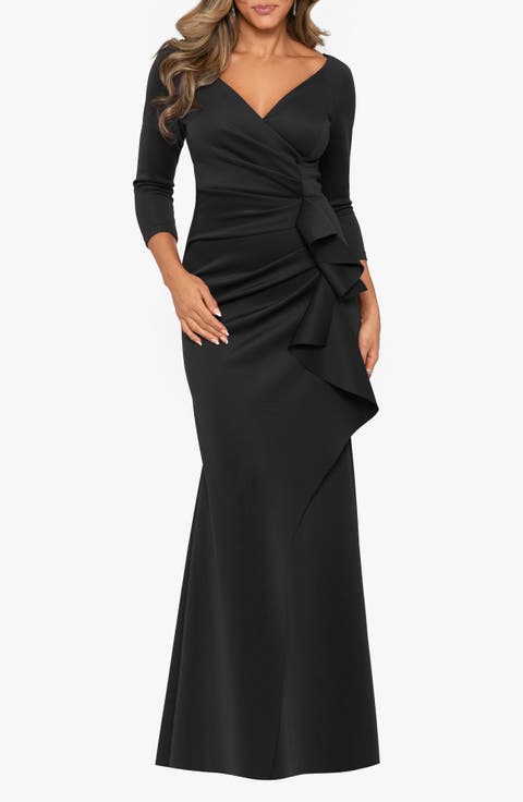 Ruched Scuba Knit Ruffle Gown (Regular & Petite)