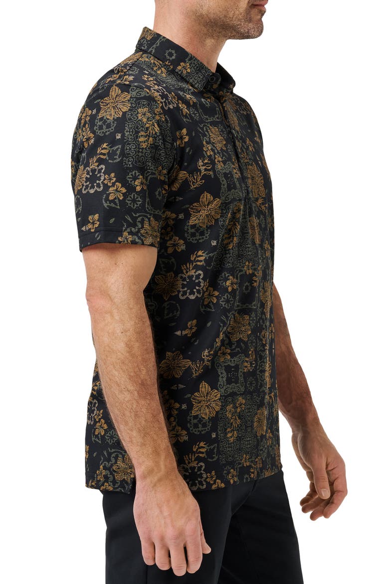 Speaking my Language Floral Short Sleeve Piqué Button-Up Shirt, Alternate, color, BLACK