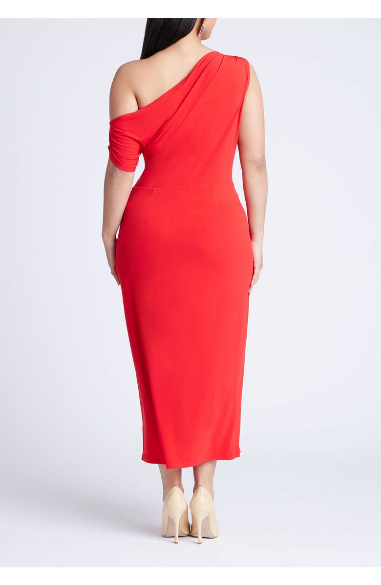 ELOQUII Off The Shoulder Tie Front Midi Dress, Alternate, color, Lychee