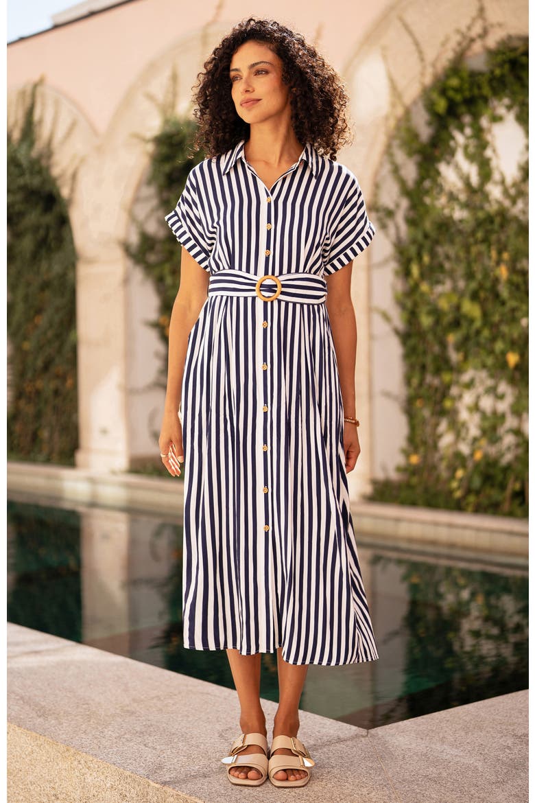 Stripe Print Belted Midi Shirt Dress, Alternate, color, Navy