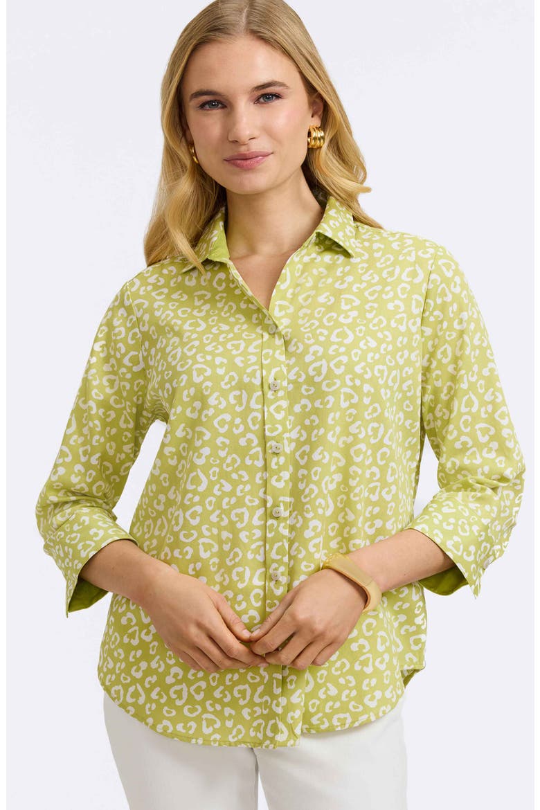 Margie Leopard Print Three-Quarter Sleeve Cotton Button-Up Shirt, Alternate, color, CHARTREUSE MULTI