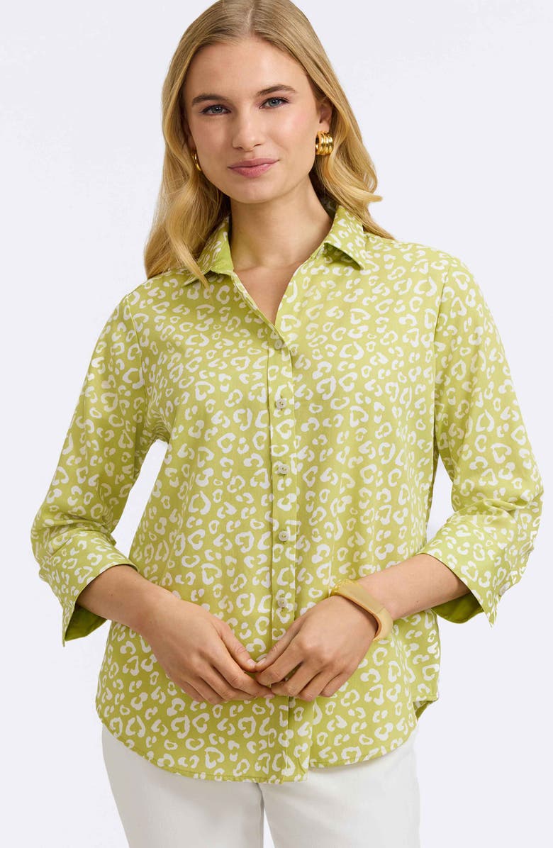 Foxcroft Margie Leopard Print Three-Quarter Sleeve Cotton Button-Up Shirt, Alternate, color, Chartreuse Multi