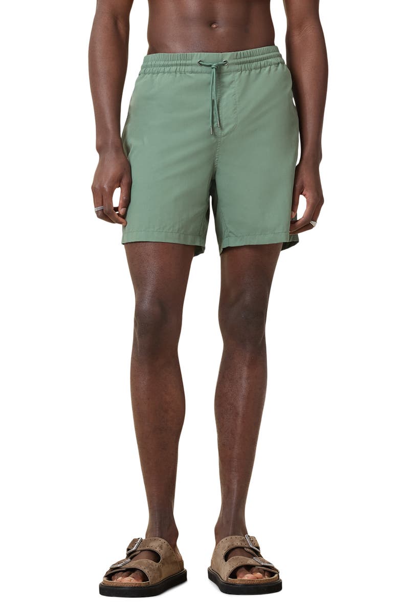 AllSaints Underground Logo Print Swim Trunks, Main, color, Island Green
