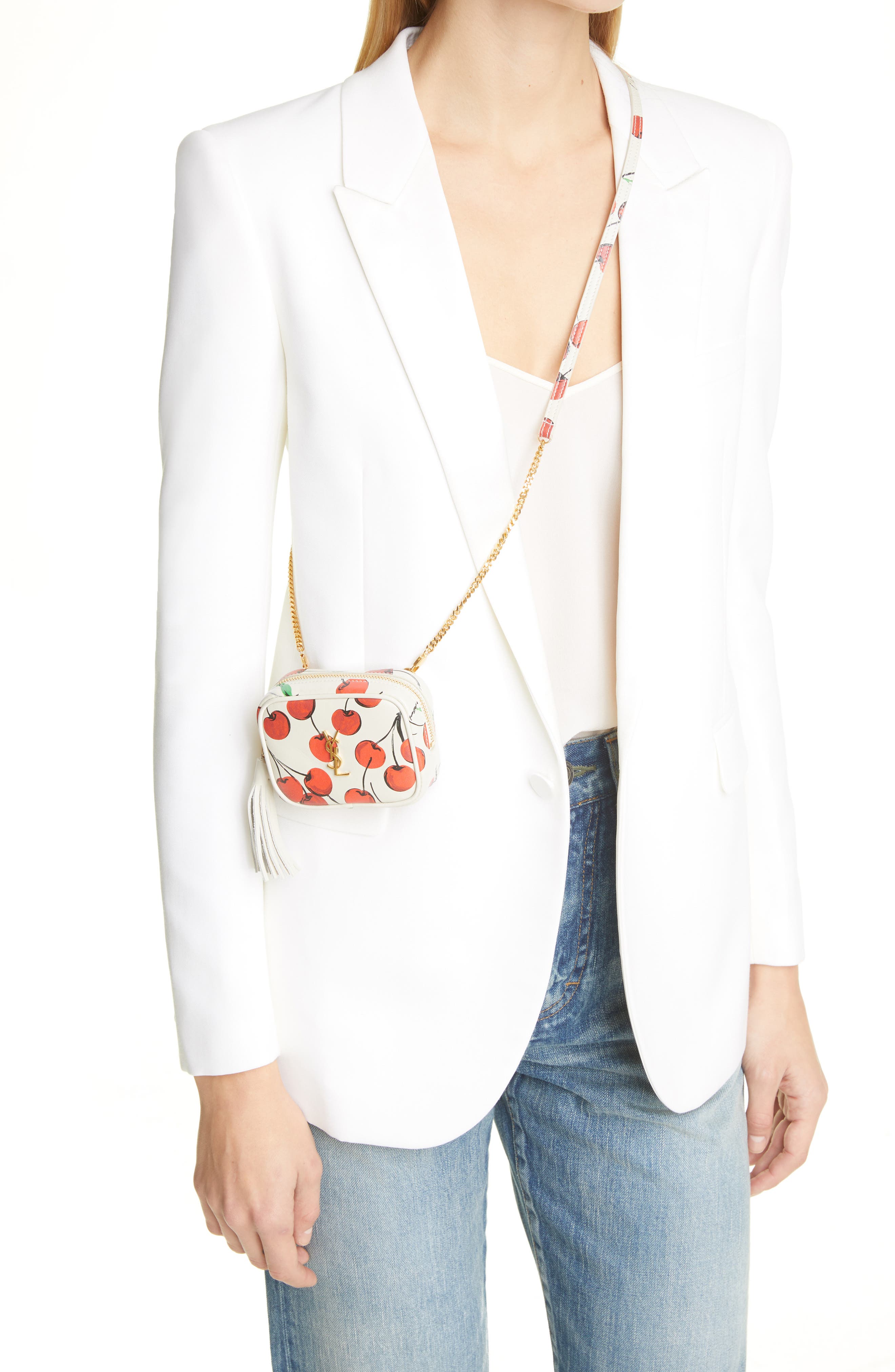 Baby Lou Cherry Print Leather Micro Crossbody Bag, Alternate, color, CREMA SOFT/RED