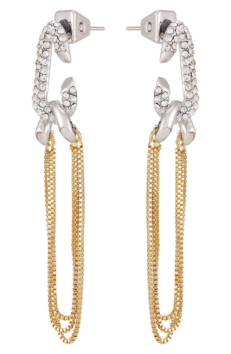 Vince Camuto Pavé Crystal Two-Tone Chain Drop Hoop Earrings, Alternate, color, Gold Tone