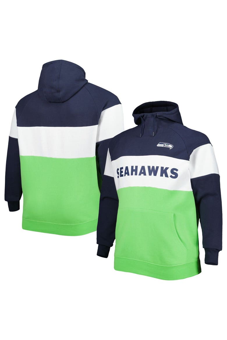 Men's New Era Neon Green/College Navy Seattle Seahawks Big & Tall Current Colorblock Raglan Fleece Pullover Hoodie, Main, color, Neon Green