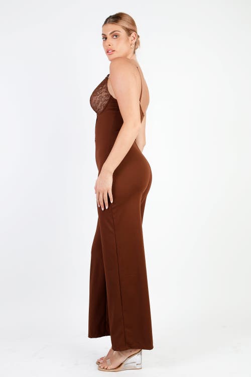 Popilush Shapewear Lace Deep V-neck Sculpting Wide Leg Jumpsuit In Russett