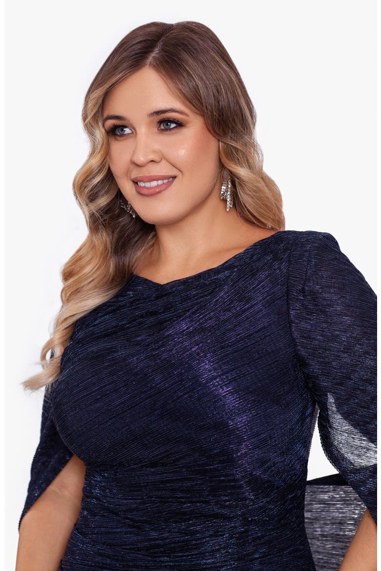 Cape Sleeve Metallic Crinkle Gown, Alternate, color, NAVY/ ROYAL
