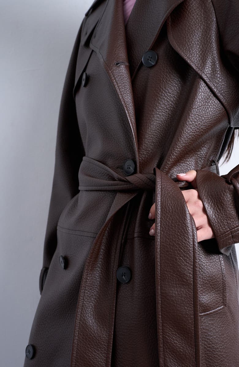 Topshop Pebble Faux Leather Trench Coat, Alternate, color, Brown