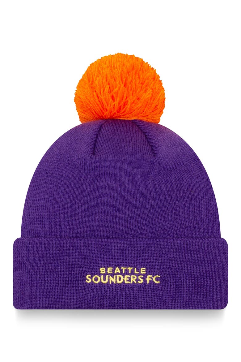 Men's New Era Purple Seattle Sounders FC 2021 Jersey Hook Cuffed Knit Hat with Pom, Alternate, color, PURPLE
