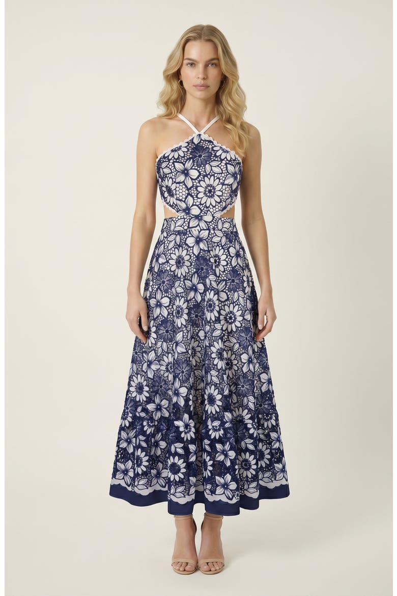 Halter Dress with Vintage Embroidery and Cutout Waist, Main, color, Blue