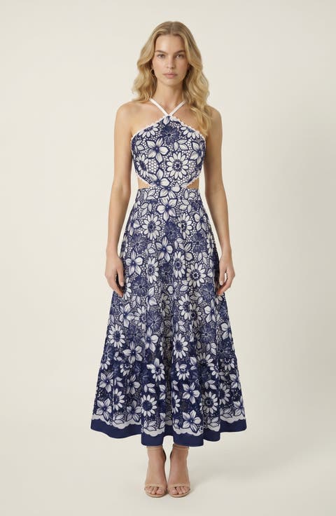 Halter Dress with Vintage Embroidery and Cutout Waist