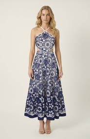 Modenaire Halter Dress with Vintage Embroidery and Cutout Waist
