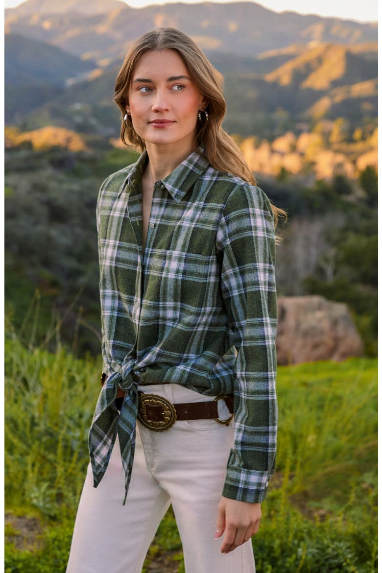Plaid Tie Front Flannel Shirt, Alternate, color, FOREST GREEN