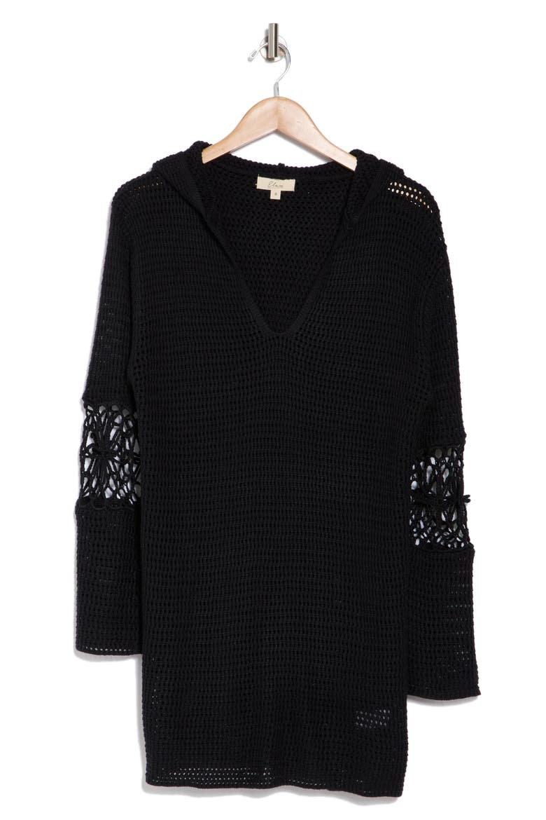 Hooded Open Stitch Cover-Up Tunic, Alternate, color, BLACK