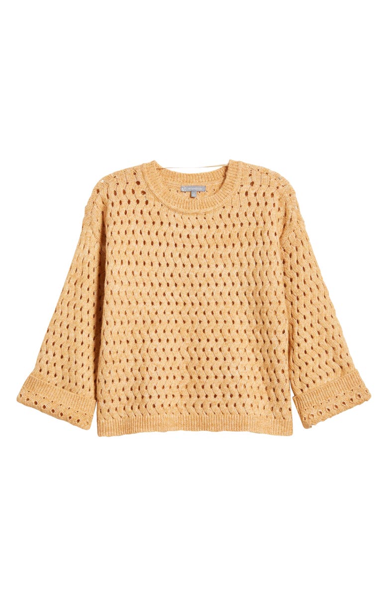 Wit & Wisdom Open Stitch Three-Quarter Sleeve Crewneck Sweater, Alternate, color, Heather Sahara Sand