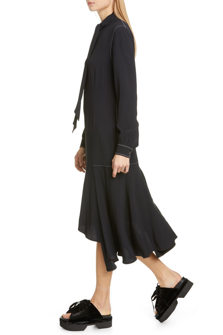 Asymmetrical Long Sleeve Satin Crepe Midi Dress, Alternate, color, DEEP BLUE