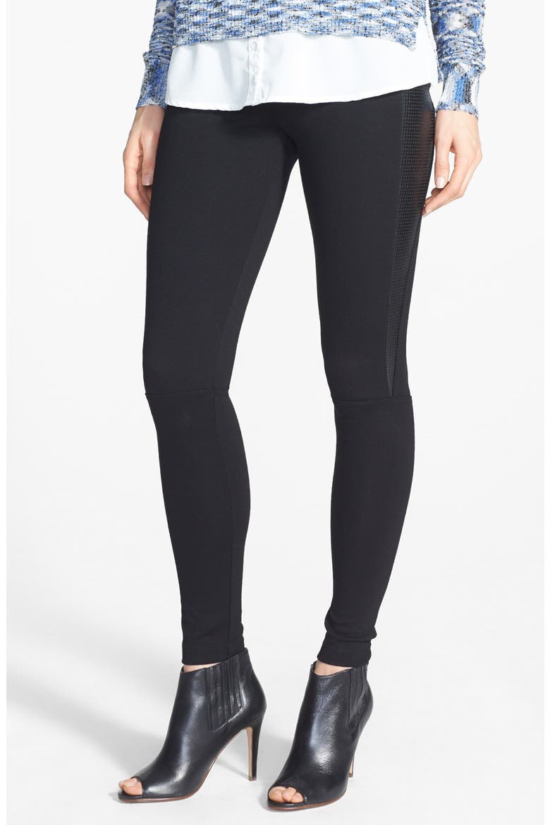 Lyssé Faux Leather Stripe Ponte Knit Control Top Leggings, Alternate, color, BLACK/ BLACK