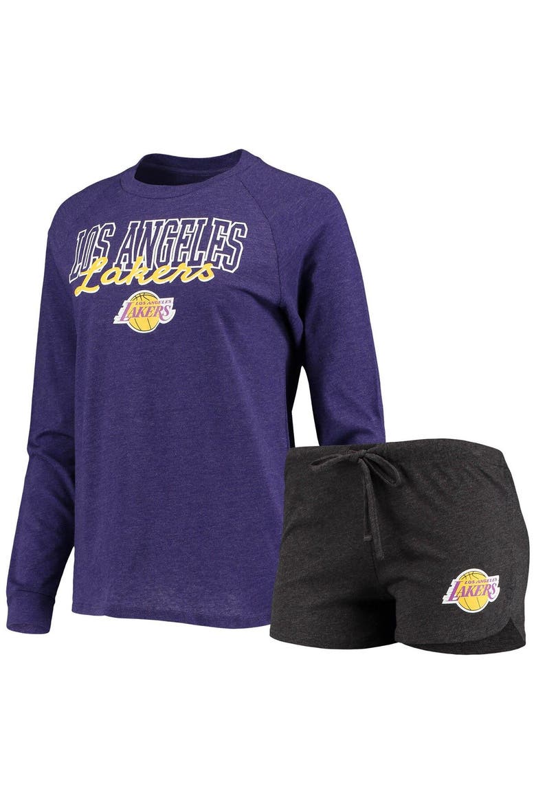Women's Concepts Sport Heathered Black/Heathered Purple Los Angeles Lakers Raglan Long Sleeve T-Shirt & Shorts Sleep Set, Main, color, Heather Black