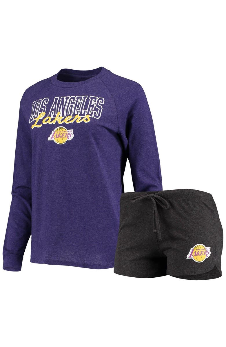 CONCEPTS SPORT Women's Concepts Sport Heathered Black/Heathered Purple Los Angeles Lakers Raglan Long Sleeve T-Shirt & Shorts Sleep Set, Main, color, Heather Black