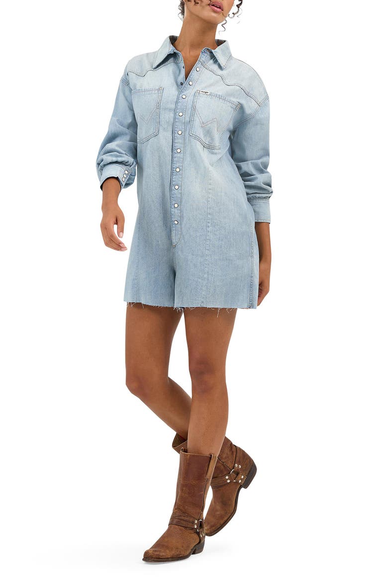 Heritage Long Sleeve Denim Romper, Main, color, PALE BLUE WASH