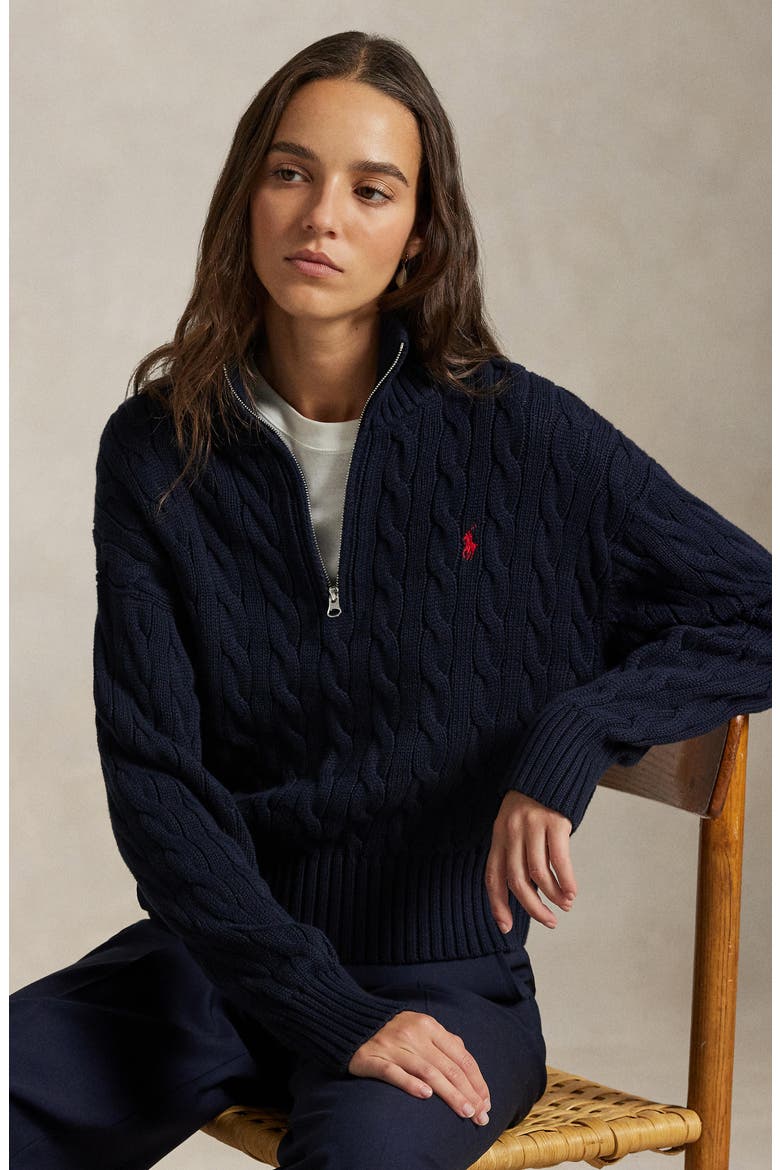 Cable Knit Cotton Polo Sweater, Alternate, color, BLUE