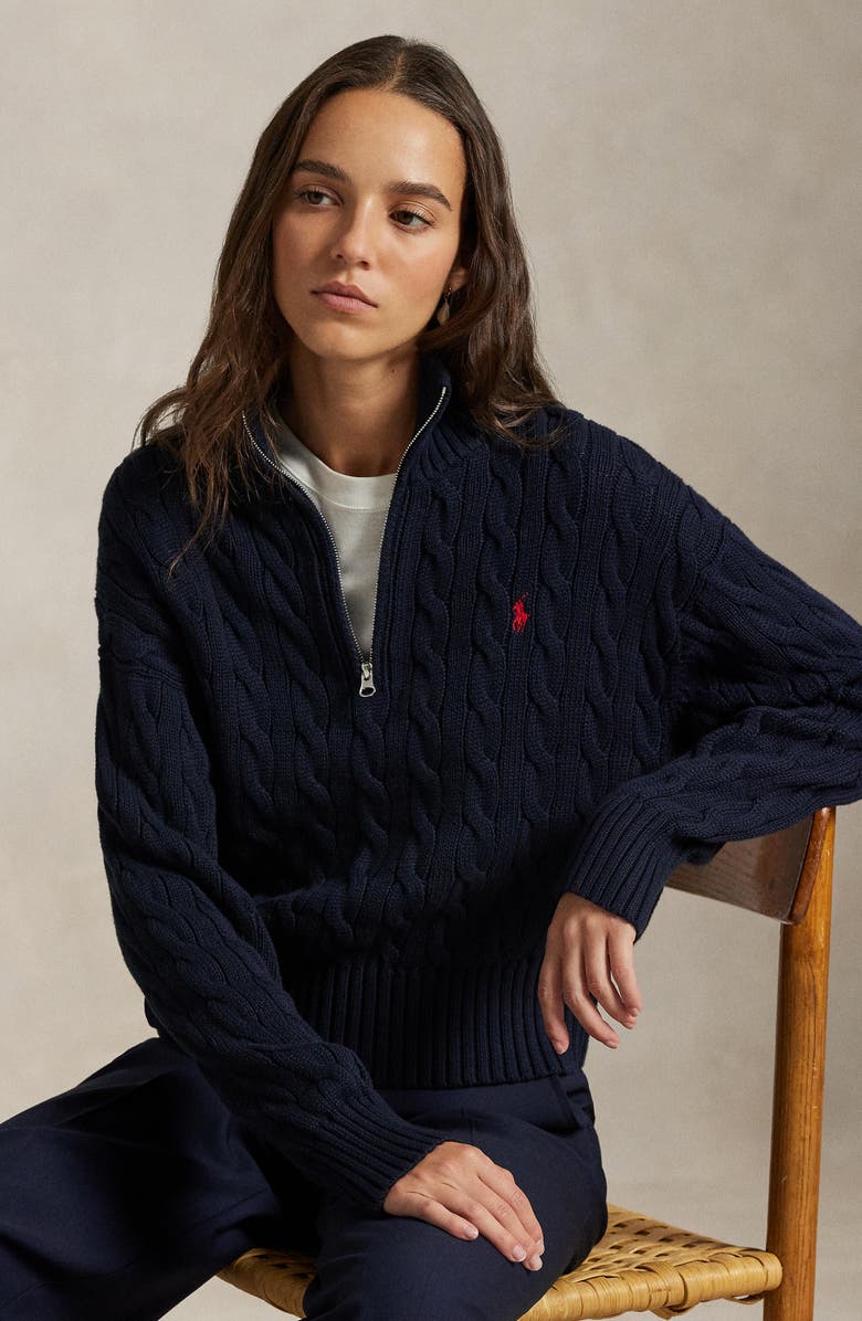 Polo Ralph Lauren Cable Knit Cotton Polo Sweater, Alternate, color, Blue