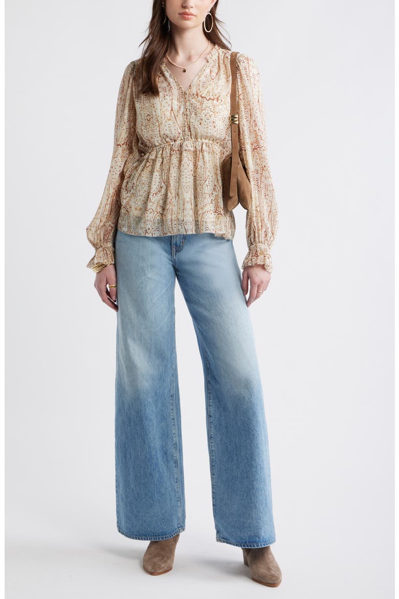 Long Sleeve Chiffon Peplum Top, Alternate, color, IVORY-YELLOW ANTIQUE PAISLEY