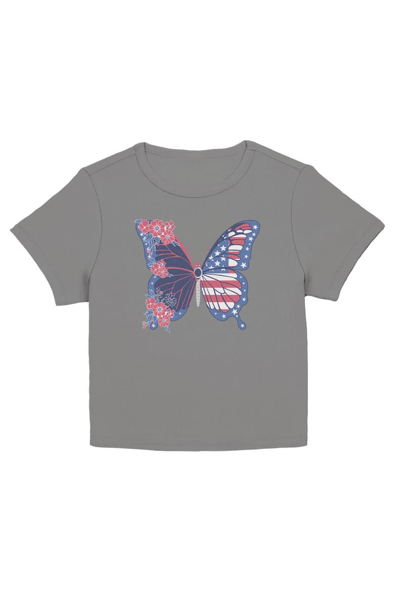 Junior's Flag Floral Butterfly Short Sleeve Baby T-Shirt, Main, color, Charcoal